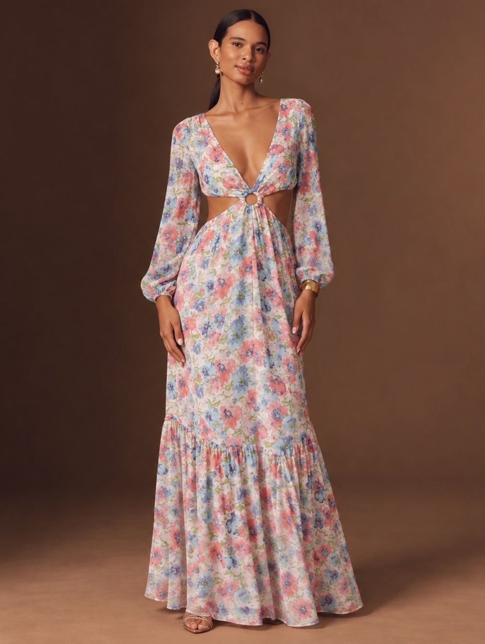 VICI Floral Cutout Ring Maxi Dress Pastel Long Sleeve Size Small